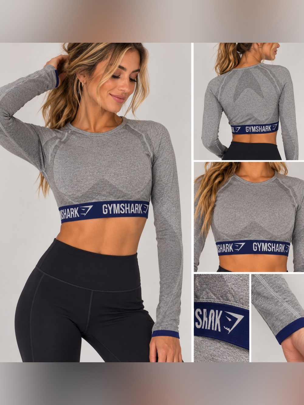 Gymshark Cropped Long Sleeve Top Womens S Gray Blue Logo Athletic Workout